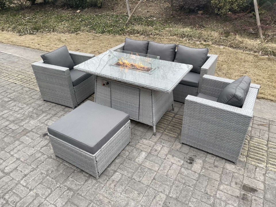 image 1 of Fimous Light Grey Rattan Fire Pit Garden Furniture Set Gas Heater Burner Chairs With Big Footstool