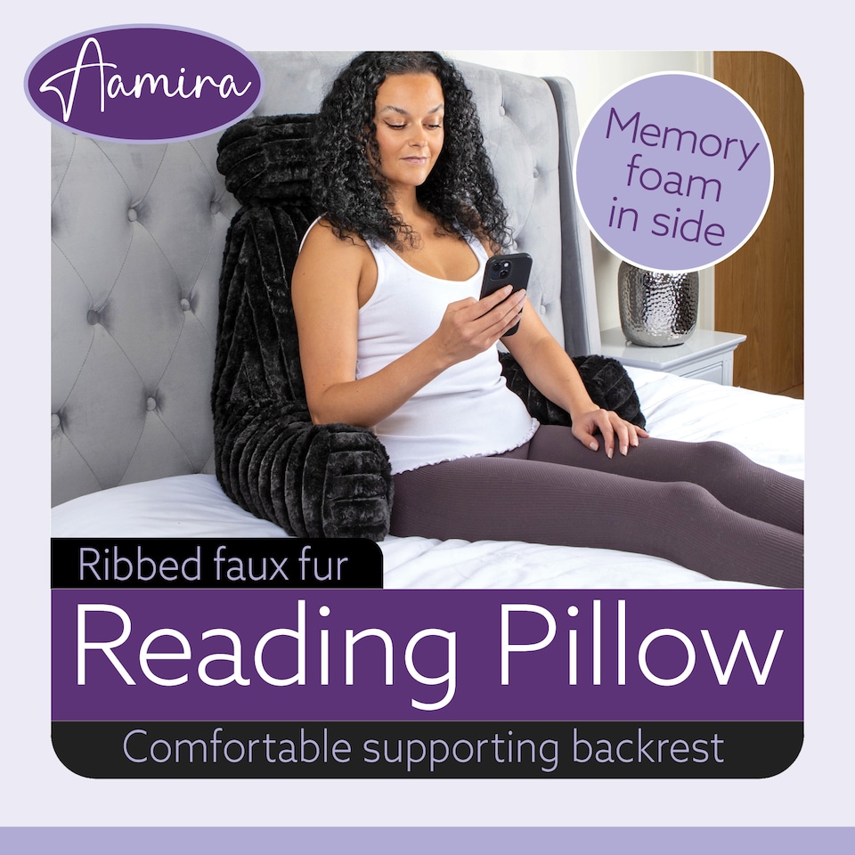 image 1 of Aamira Reading Pillow Black Faux Fur Ribbed Memory Foam Support Cushion | Black | Black | Standard | 1