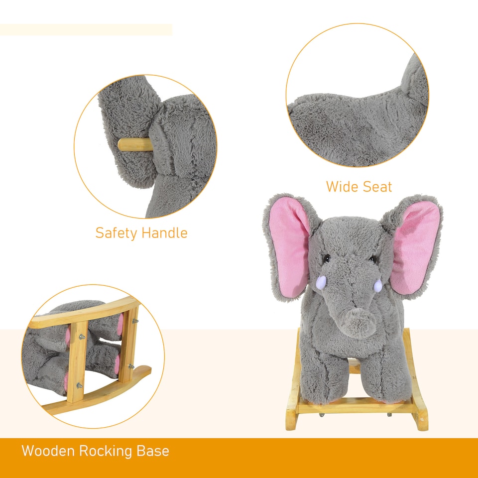 image 1 of HOMCOM Kids Children Rocking Horse Plush Ride on Animal Wooden Riding Traditional Rocker Gift with32 nursery rhymes (Grey Elephant)