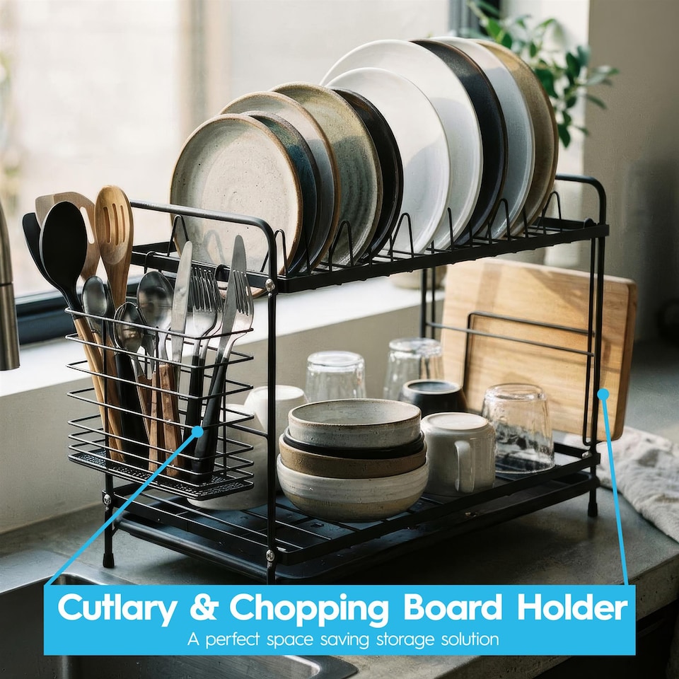 image 1 of Harbour Housewares Metal Kitchen Dish Drainer Rack 2-Tier Cutlery Holder Bowl Plate Drying Rack with Drip Tray