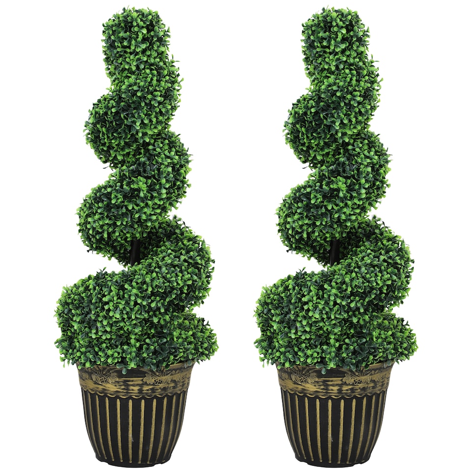 image 1 of HOMCOM Set of 2 Decorative Artificial Plants Topiary Spiral Boxwood Trees in Pot, Fake Plants for Home Indoor Outdoor Decor, 90cm, Green