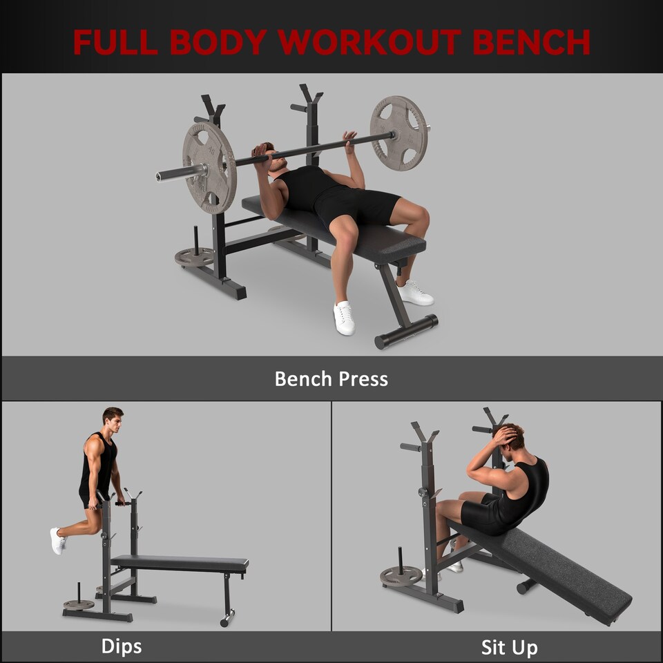 image 1 of HOMCOM Adjustable Weight Bench with Barbell Rack, Dip Station, Grey