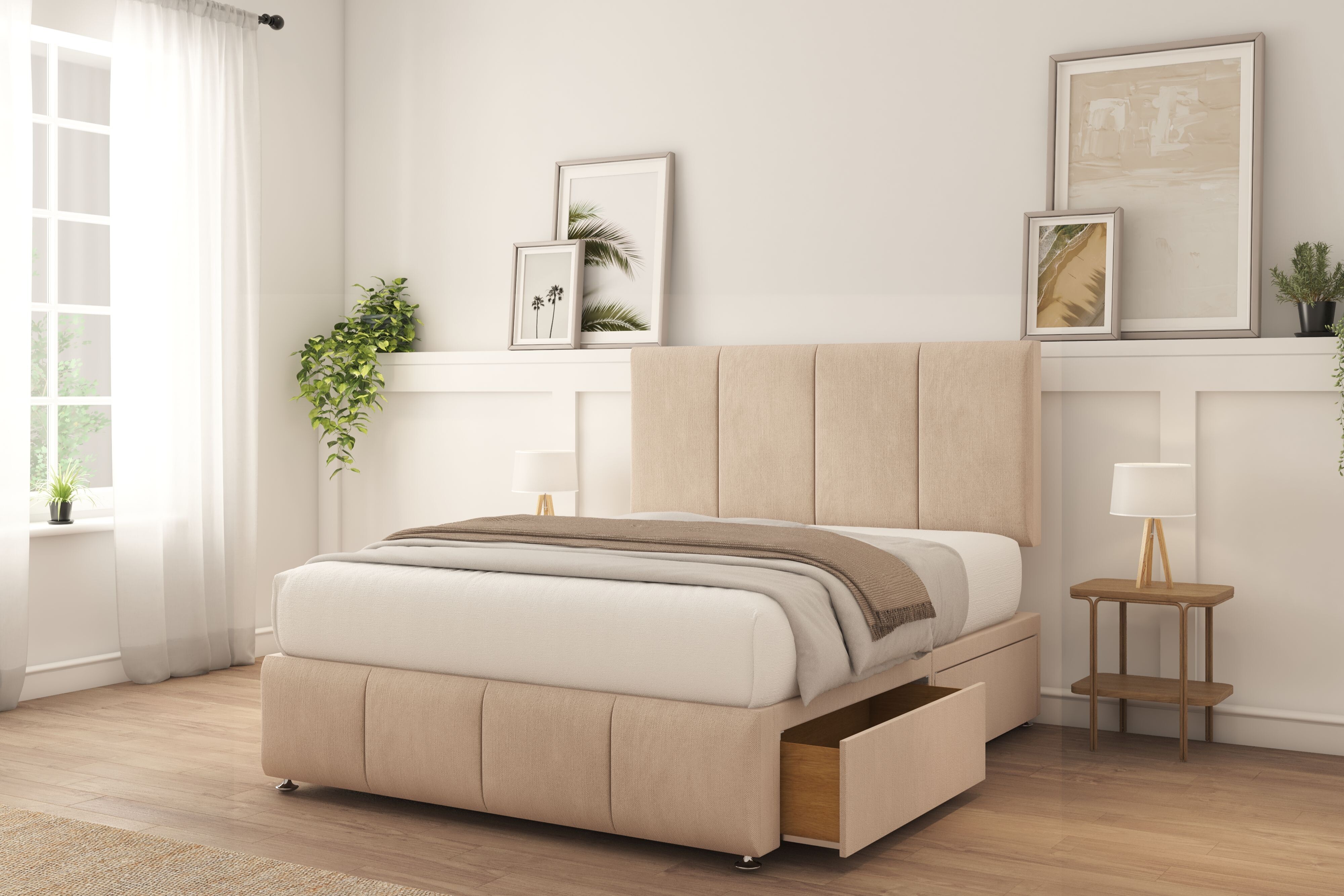 Sloomy Lisbon Sand Naples Divan Bed With Mattress 4 Drawers 26" Strutted Headboard & 12" Footboard 5' King