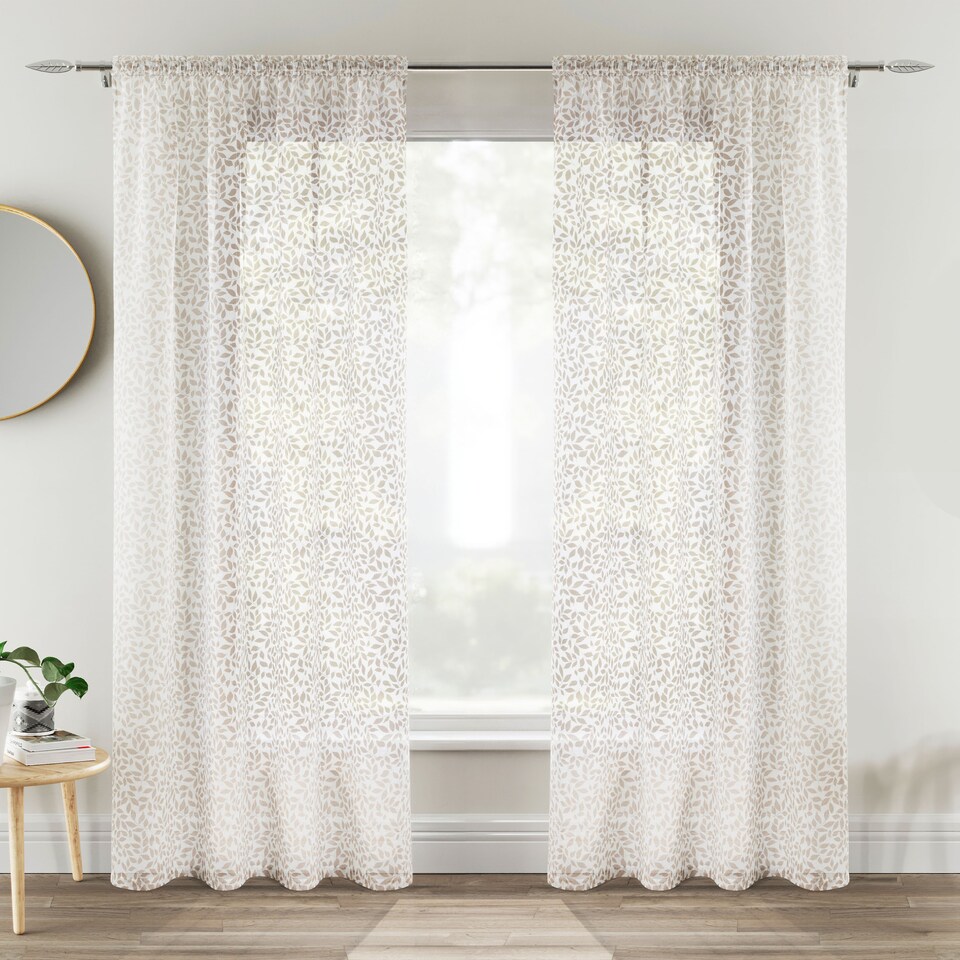 image 1 of Pair of Willow Natural Leaf Print on Linen Look Panels, with Rod Pocket Header 229 CM