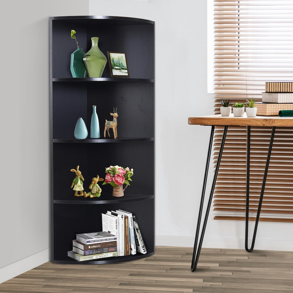 image 1 of HOMCOM 4 Tier Wood Corner Shelf  Unit Freestanding Fan Bookshelf Plants Stand