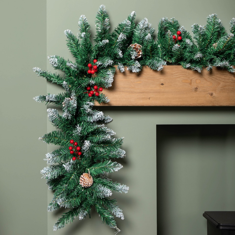 image 1 of 2.7m Snow Tipped Christmas Garland with Red Berries, Cones & Bullet Tips
