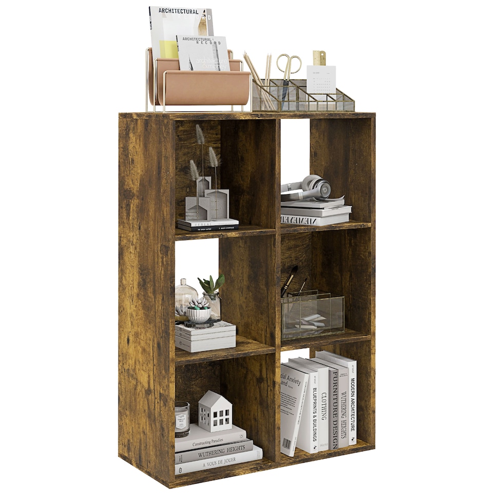 image 1 of HOMCOM 6-Cube Bookshelf, Modern Freestanding 3-Tier Bookcase, Display Shelving Unit for Living Room, Bedroom, Home Office, Study, Rustic Brown