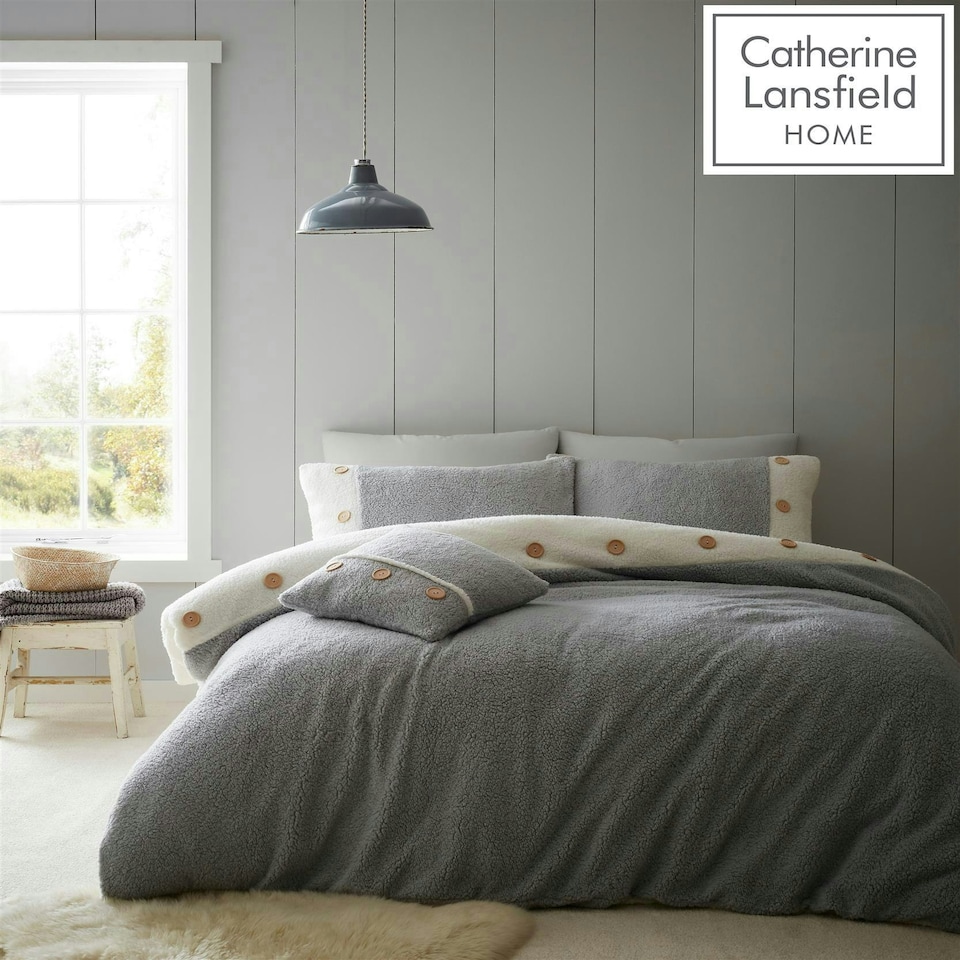 image 1 of Catherine Lansfield So Soft 2 Tone Buttoned Sherpa Grey Duvet Cover Set Grey | Double