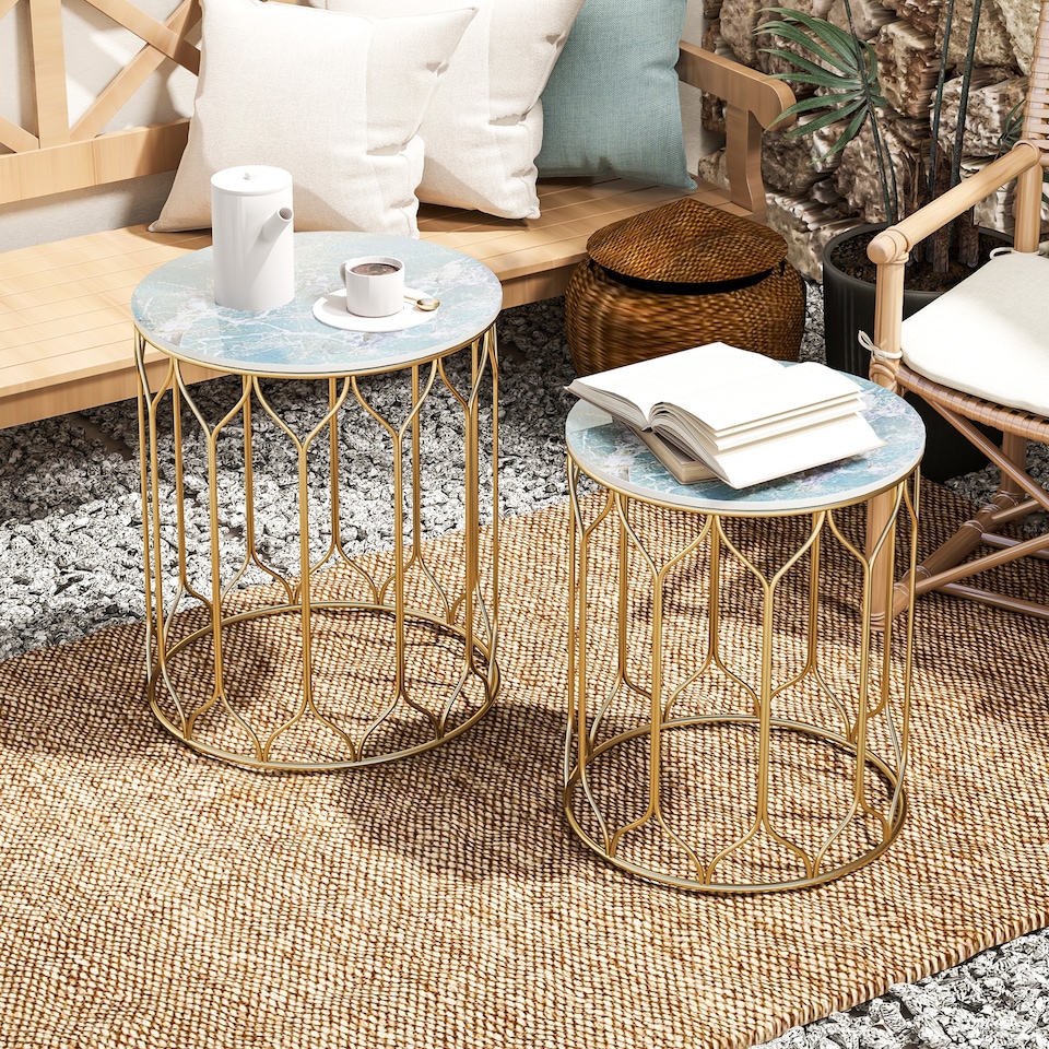 image 1 of Outsunny Round Coffee Table Set of 2, Modern Nesting Tables with Ceramic Tile Top, Small End Tables, Indoor Outdoor Side Table with Metal Frame for Living Room, Bedroom, Patio, Balcony, Multicoloured | Multi | Multicoloured