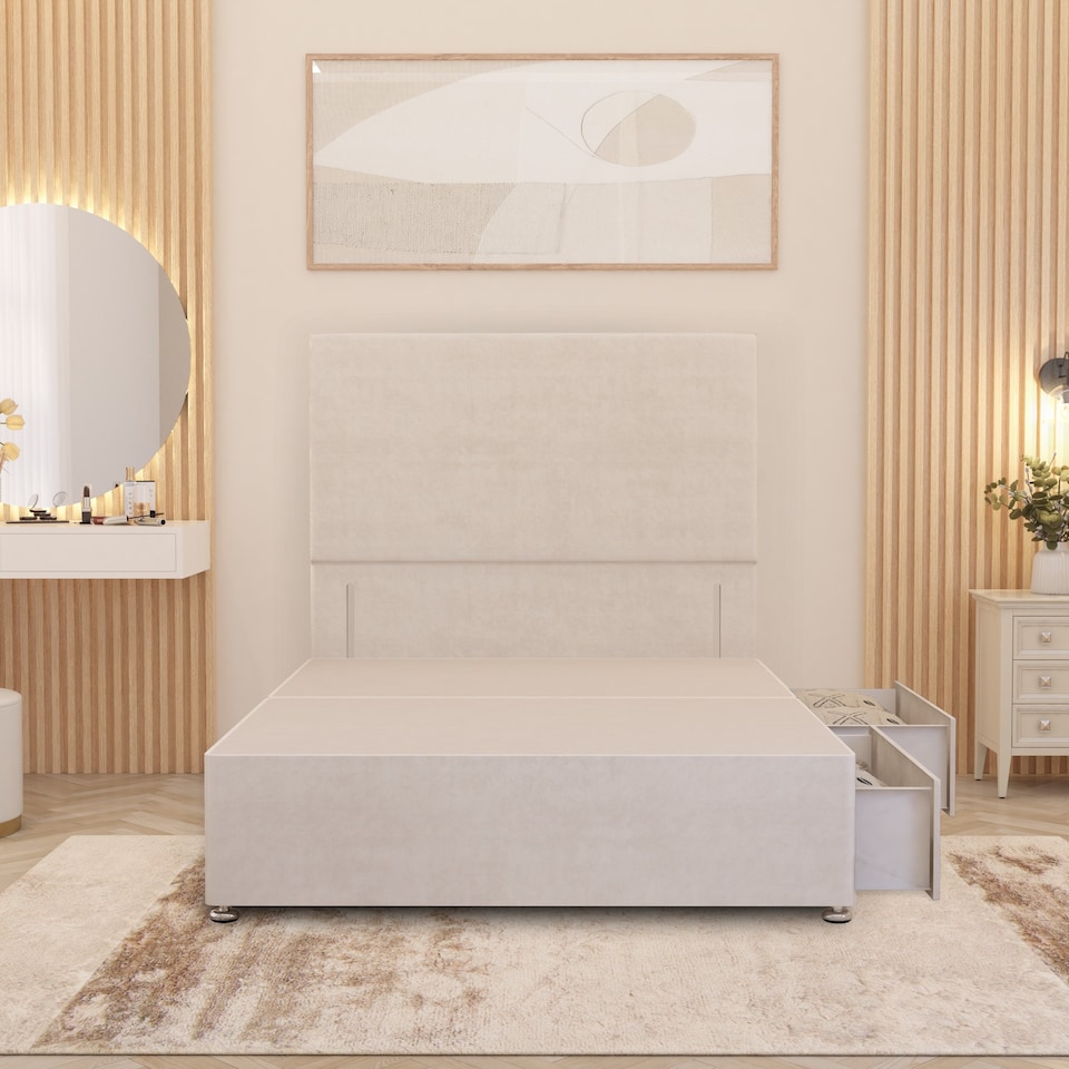 image 1 of Divan Bed Base with 2 Drawers & Plain Floor Standing Headboard Plush Velvet | White | White