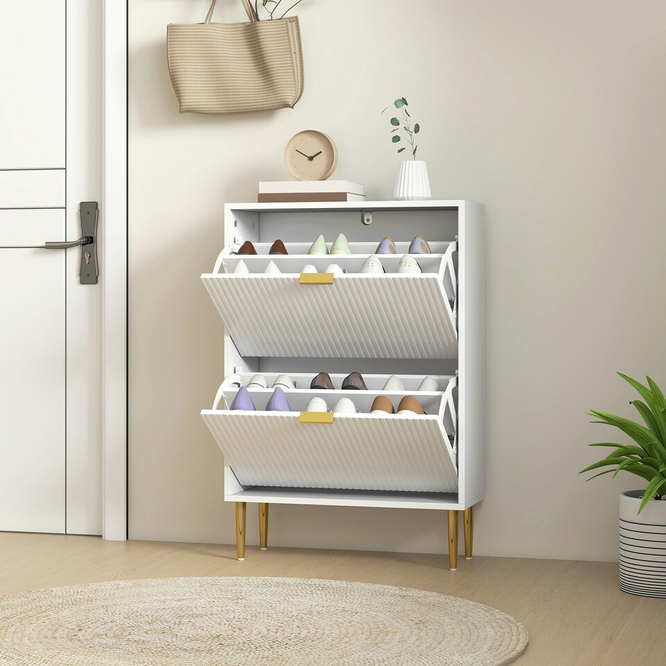 image 1 of HOMCOM Slim Shoe Storage Cabinet with 2 Flip Drawers for Hallway White | Gold | 60W x 24D x 91.5H cm