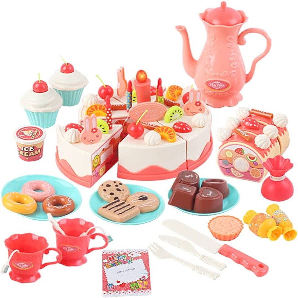 image 1 of Pretend Cutting & Decorating Birthday Cake Tea Party Play Set – 83-Piece Dessert & Afternoon Tea Role Play Set with Light-Up Candle