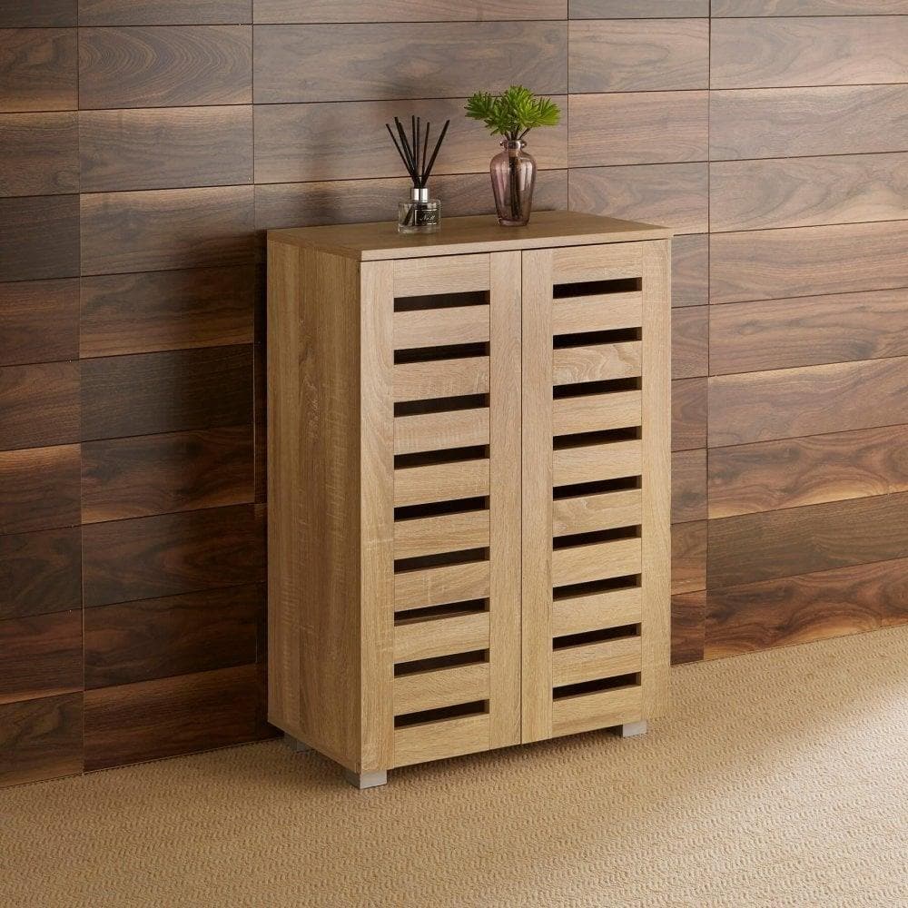 Oslo 2 Door Wooden Shoe Storage Cabinet Rack Stand Cupboard Slatted Doors | Brown
