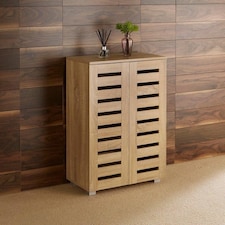 Oslo 2 Door Wooden Shoe Storage Cabinet Rack Stand Cupboard Slatted Doors | Brown