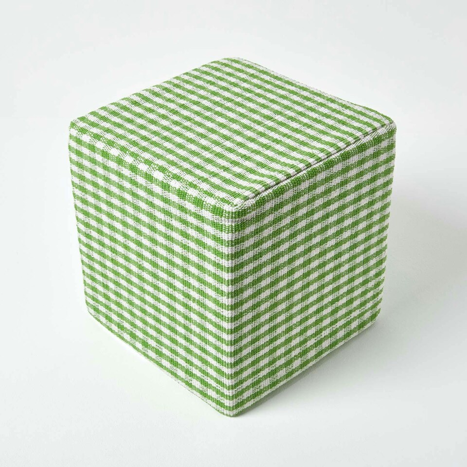 image 1 of Homescapes Green Gingham Check Cotton Cube Pouffe - 36 x 36 x 38 cm | Green | 36 x 36 x 38 cm
