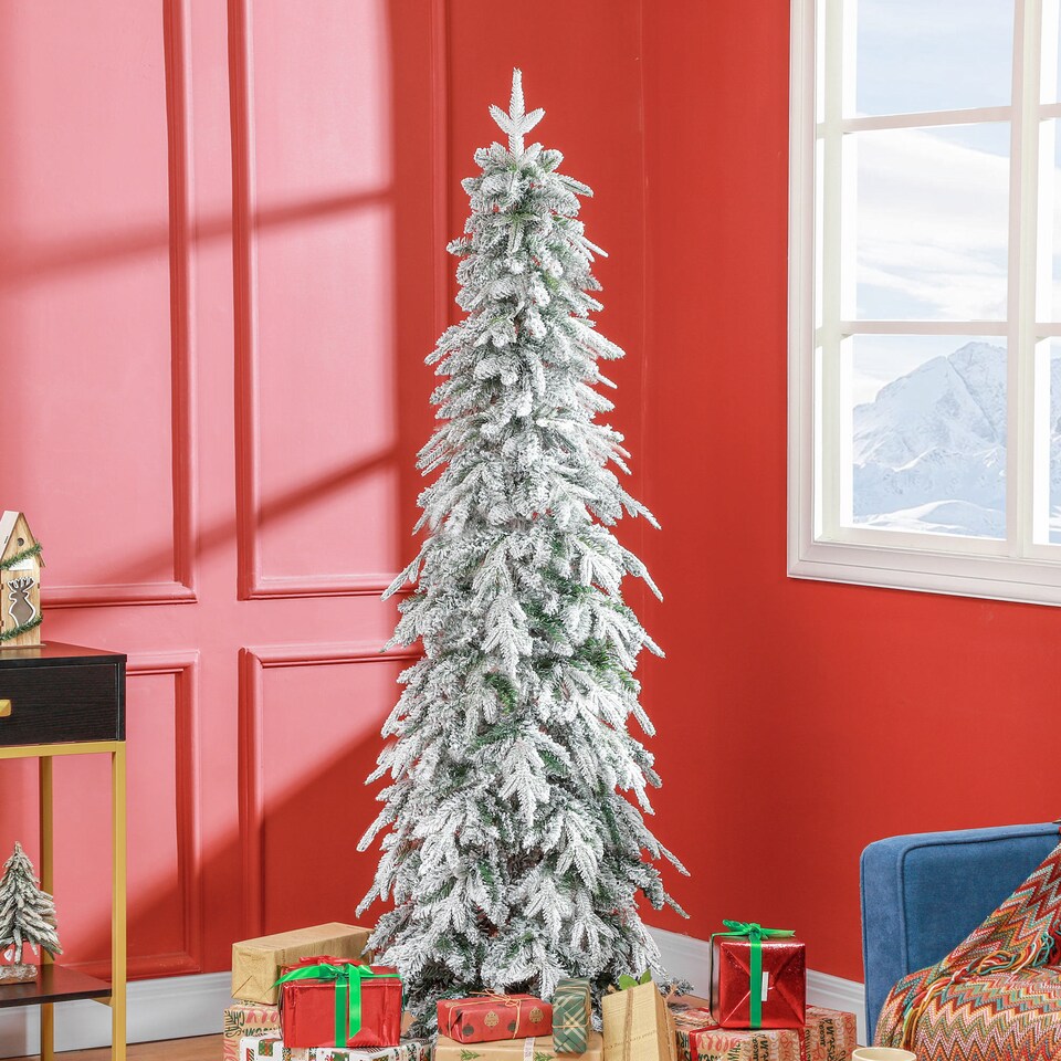 image 1 of HOMCOM 6ft Pencil Artificial Christmas Tree, Snow Flocked mas Tree with Downswept Branches and 600 Tips, Auto Open, Steel Base, Holiday Decoration for Home Office, Green