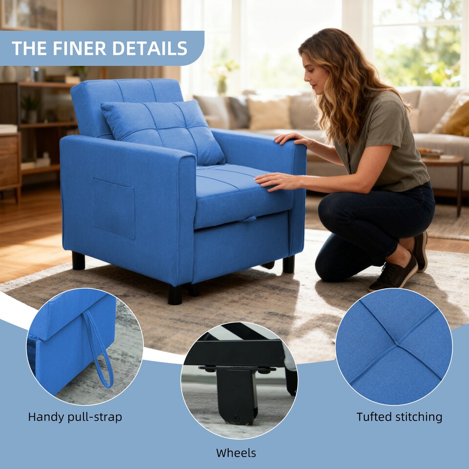 image 1 of Alivio 3 in 1 Convertible Sofa Bed with Adjustable Backrest and Pull Out Sleeper (Blue)