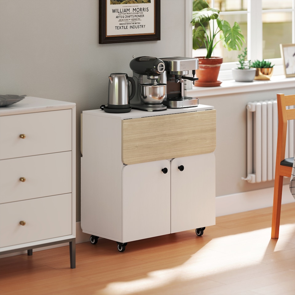 image 1 of HOMCOM Folding Dining Table, Rolling Drop Leaf Table with Hidden Shelf | White | White and Natural Wood | 70W x 83D x 75H cm