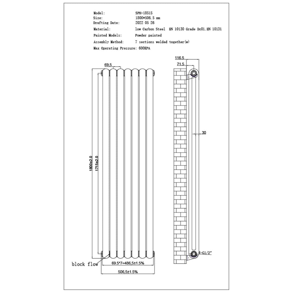 image 1 of Sherwood Vertical Round Top Double Column Bathroom Radiator - White (H) 1800mm x (W) 507mm