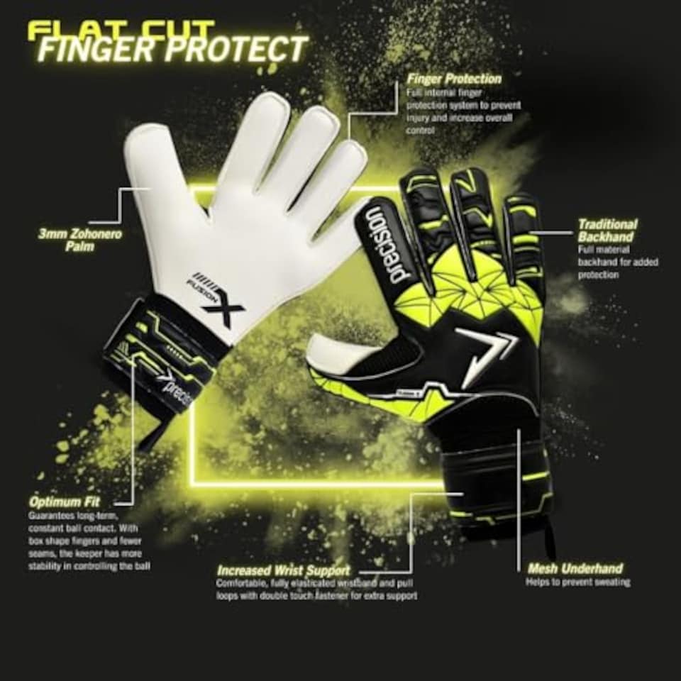 image 1 of Precision Training Fusion X Flat Cut Finger Protect Football Adult's Goalkeeper Gloves, Black, 9