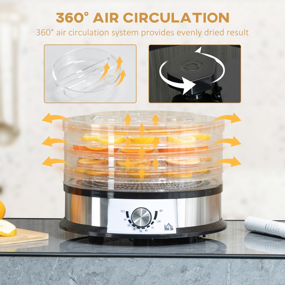 image 1 of HOMCOM 5 Trays Food Dehydrator, 250W Stainless Steel Food Dryer with 40-70degreeAdjustable Temperature, Dryer Machine for Drying Fruit, Meat, Vegetable, Jerky and Pet Treat, Silver