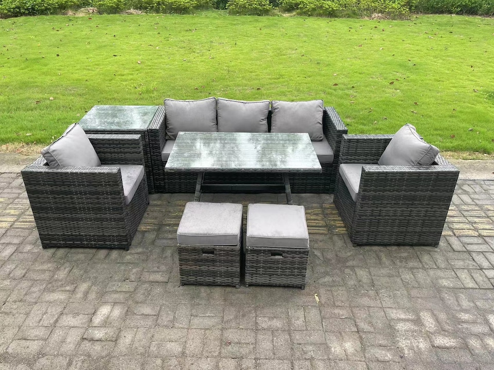 image 1 of Fimous 7 Seater Rattan Outdoor Furniture Garden Dining Set with Lounge Sofa Dining Table 2 Armchairs Small Stools Dark Grey Mixed