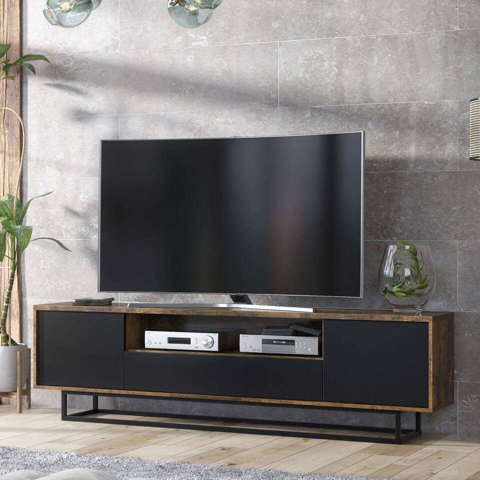 image 1 of TV Unit Sideboard Cabinet Storage Cabinet Oak Black Industrial Media Console 200cm