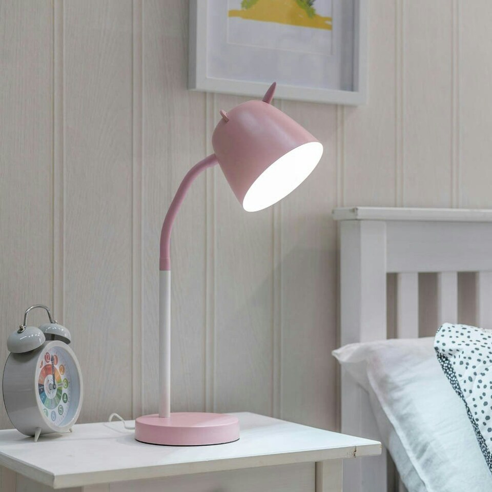 image 1 of ValueLights Adjustable Unicorn Painted Pink Table Lamp with Pink Dome Shade and Integrated LED 5W Neutral White Bulb