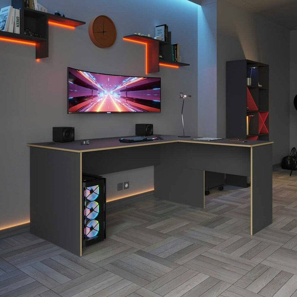 image 1 of Adore Rio Anthracite Grey Corner Desk with Oak Trim - Large Reversible Office Desk Grey