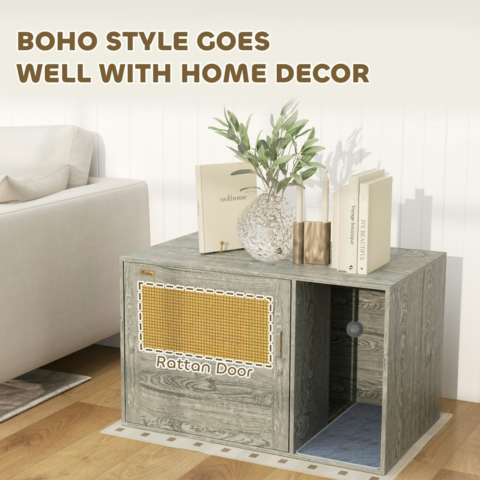 image 1 of PawHut Cat Litter Box Enclosure with Rattan Door, Scratching Mat
