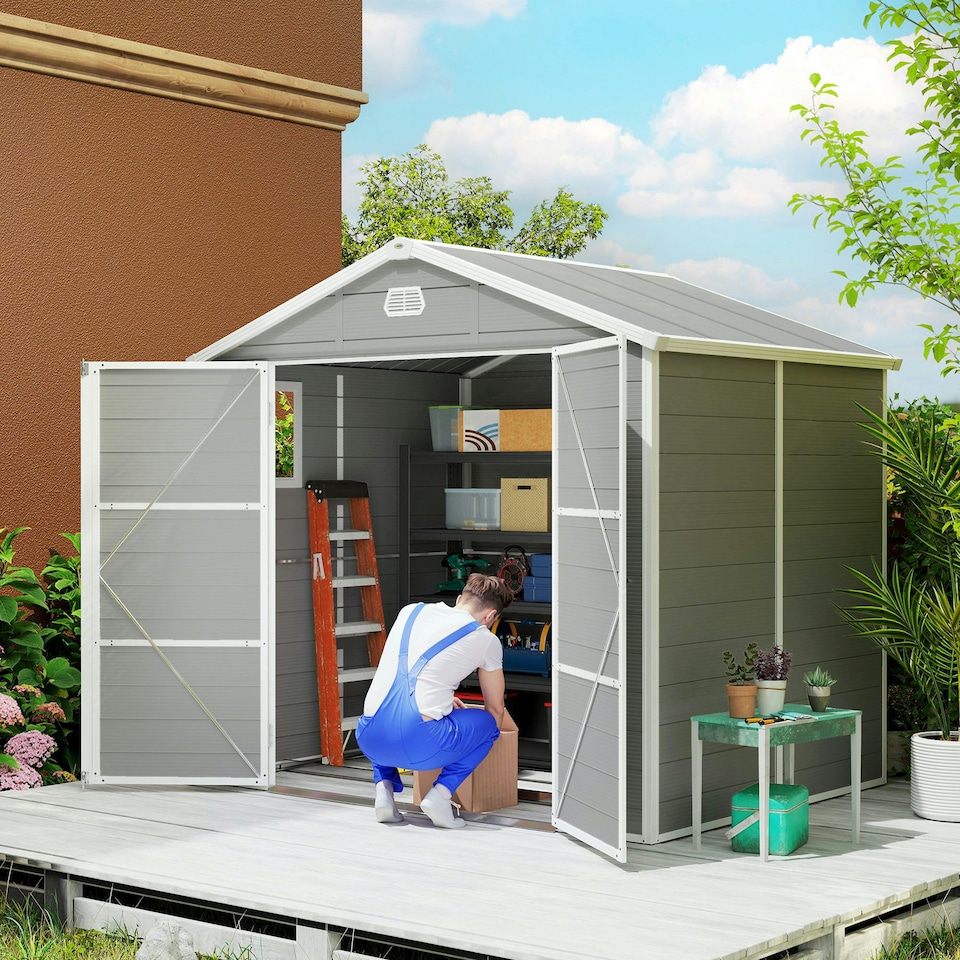 image 1 of Outsunny 8 x 6ft Garden Shed Storage w/ Foundation Kit, Vents, Light Grey