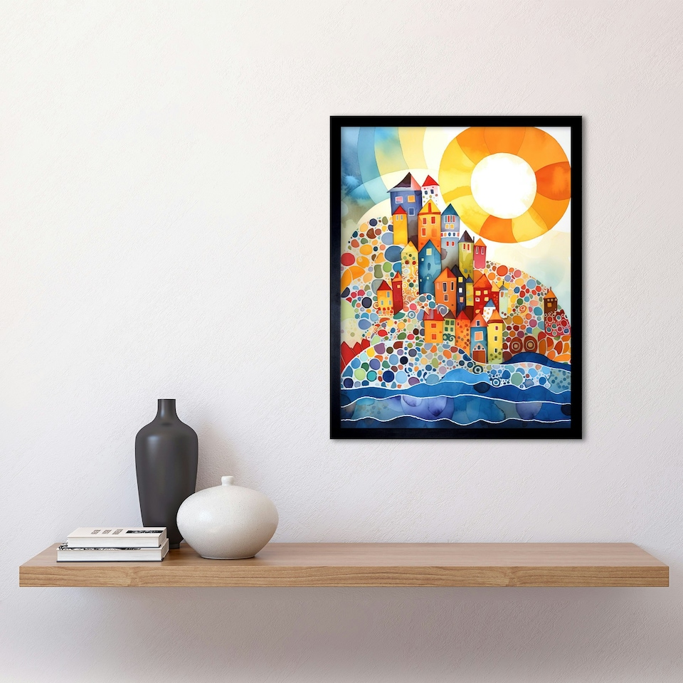 image 1 of Abstract Seascape Sunrise Village Folk Art 12x16" Framed Wall Art Print