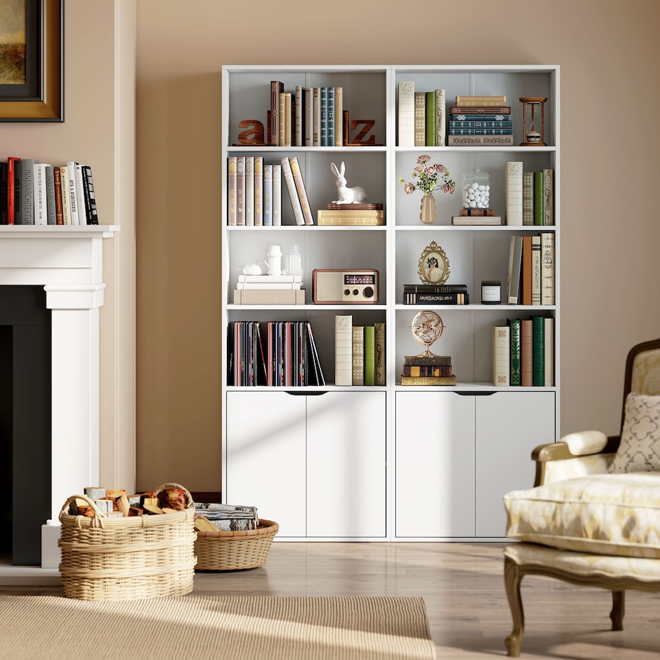 image 1 of HOMCOM 6-Tier Tall Bookcase, Bookshelf with 4 Open Shelves and Double Door Storage Cabinet, Freestanding Display Rack for Living Room, Bedroom, Home Office, Study, 59 x 29 x 180cm, White