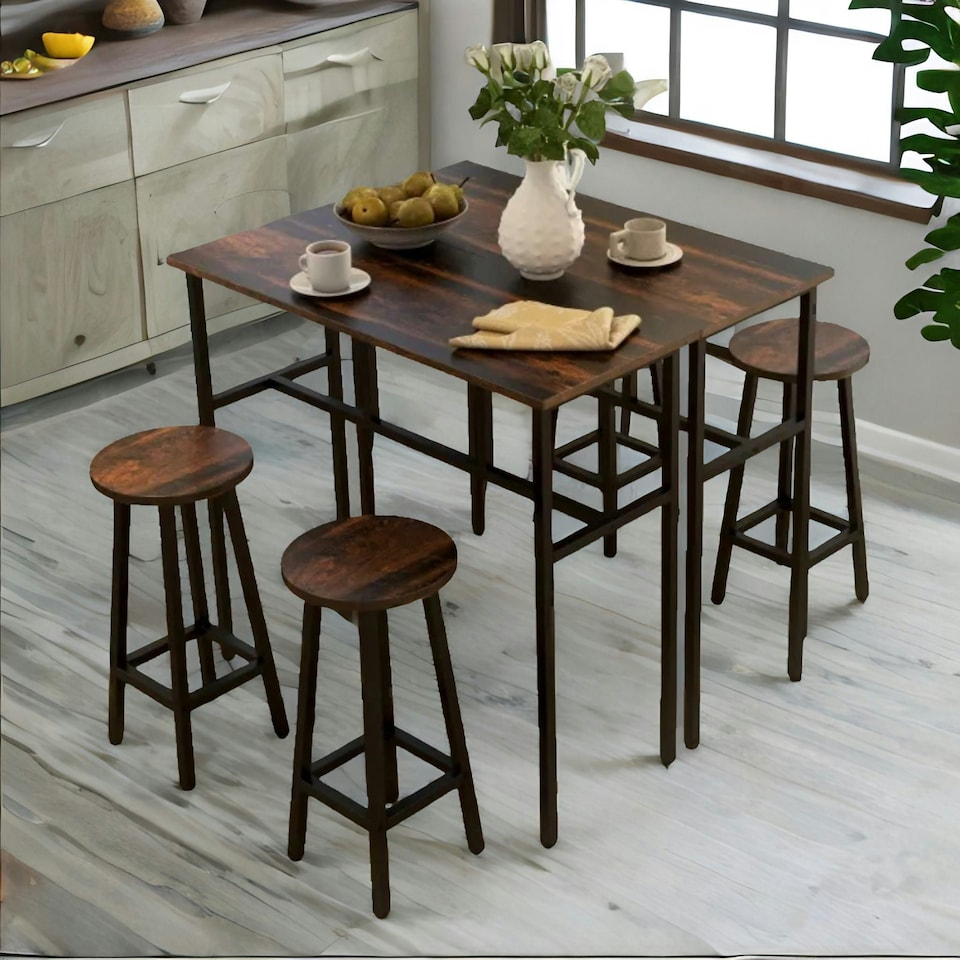 image 1 of 6PC Industrial Dining Table And Stools Set Rustic Brown Brown
