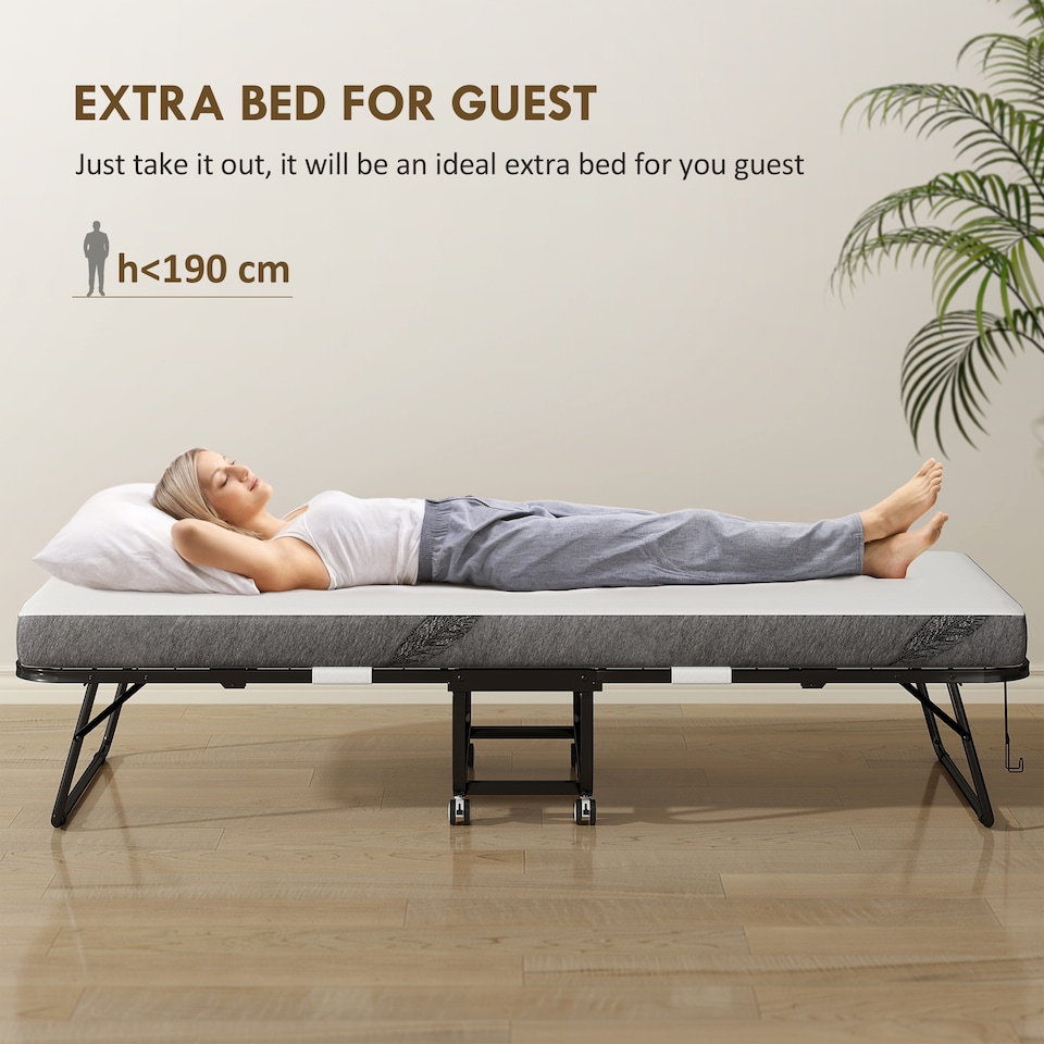 image 1 of HOMCOM Folding Bed with 10cm Mattress, Portable Foldable Guest Bed with Wheels