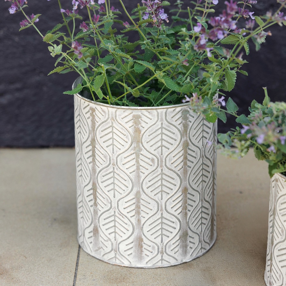 image 1 of Primrose Set of 2 Metal Leaf Design Cylinder Decorative Planters in Cream 24cm | Cream | Off White