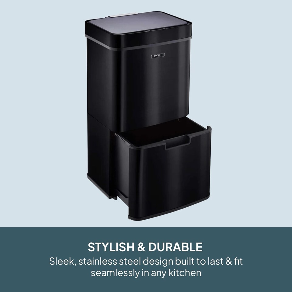 image 1 of Cooks Professional Recycling Sensor Bin 75L with Dual Compartments & Food Caddy | Black | Black