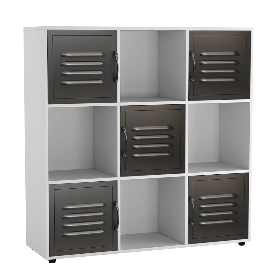 image 1 of 9-Cube Shelving Unit With Industrial Style Metal Doors | White | White & Black | 1