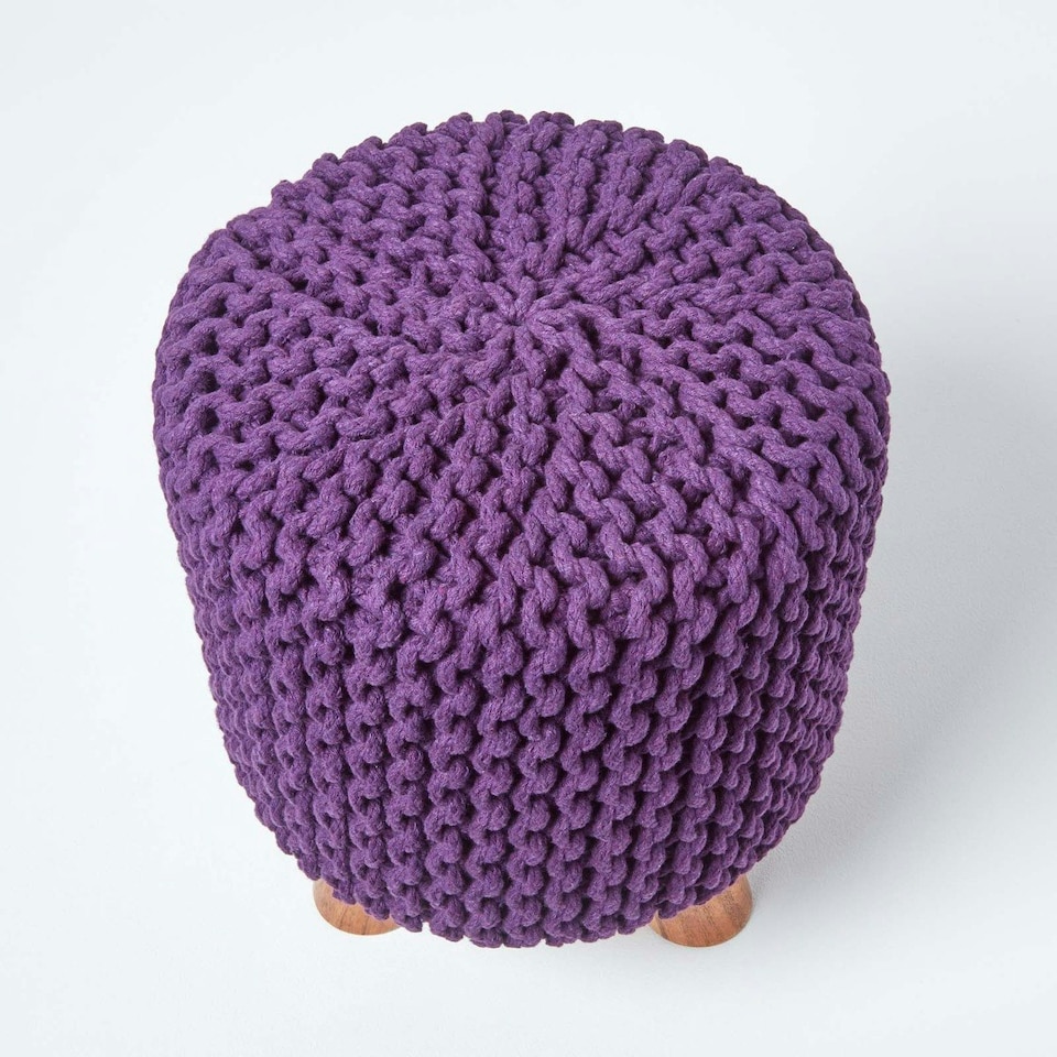 image 1 of Homescapes Deep Purple Tall Cotton Knitted Footstool on Legs