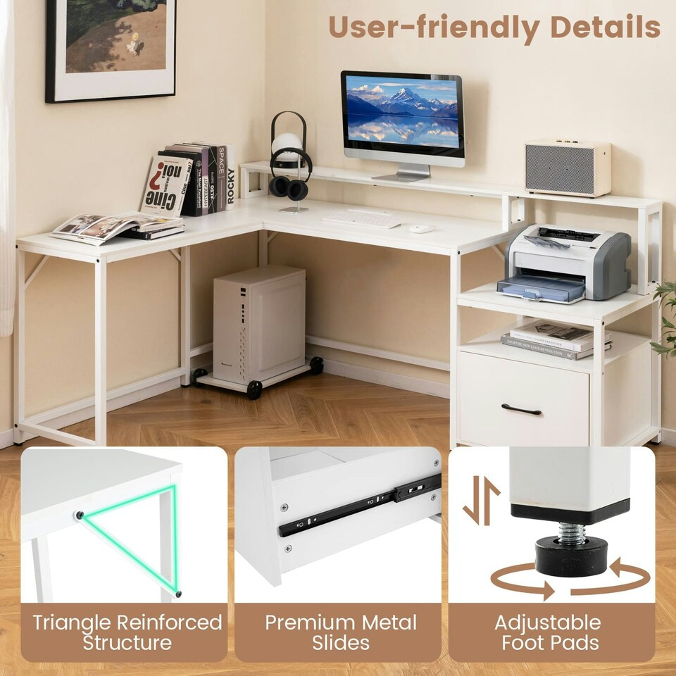 image 1 of COSTWAY L-shaped Desk Home Office Desk with File Drawer White