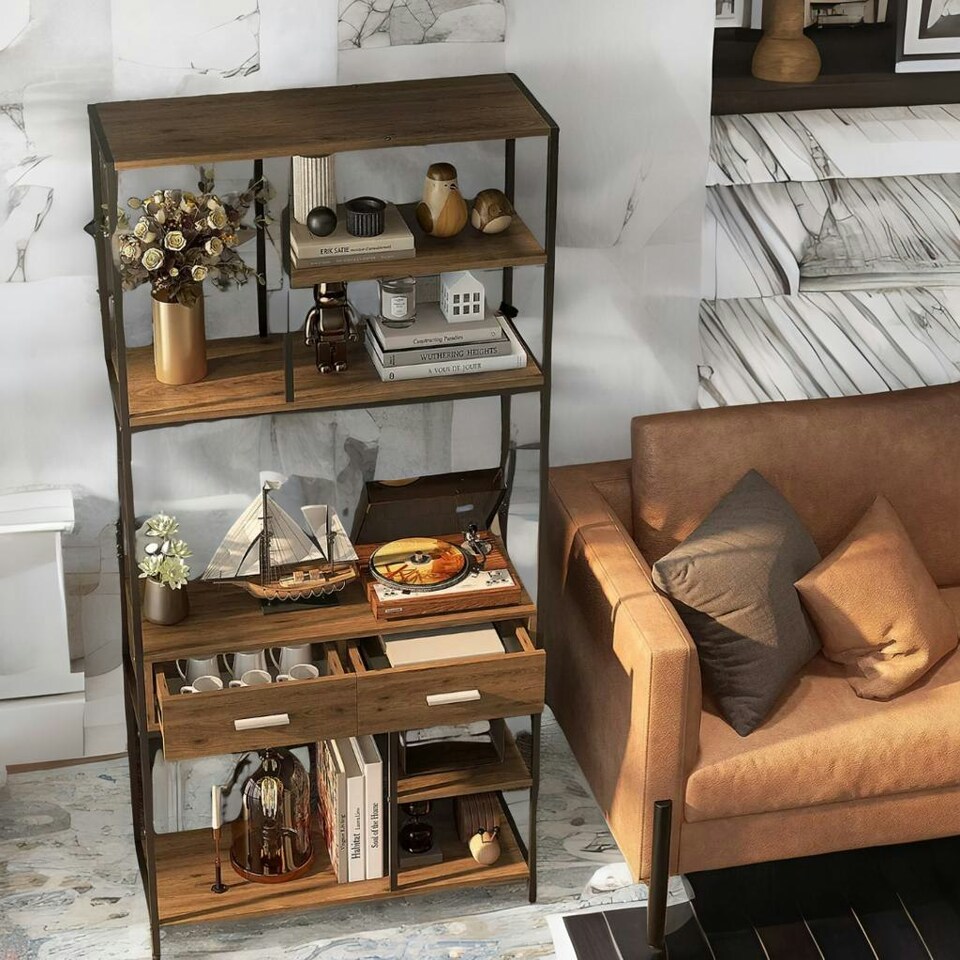 image 1 of Industrial Bookcase With 2 Large Drawers and Shelves Brown Brown | One Size