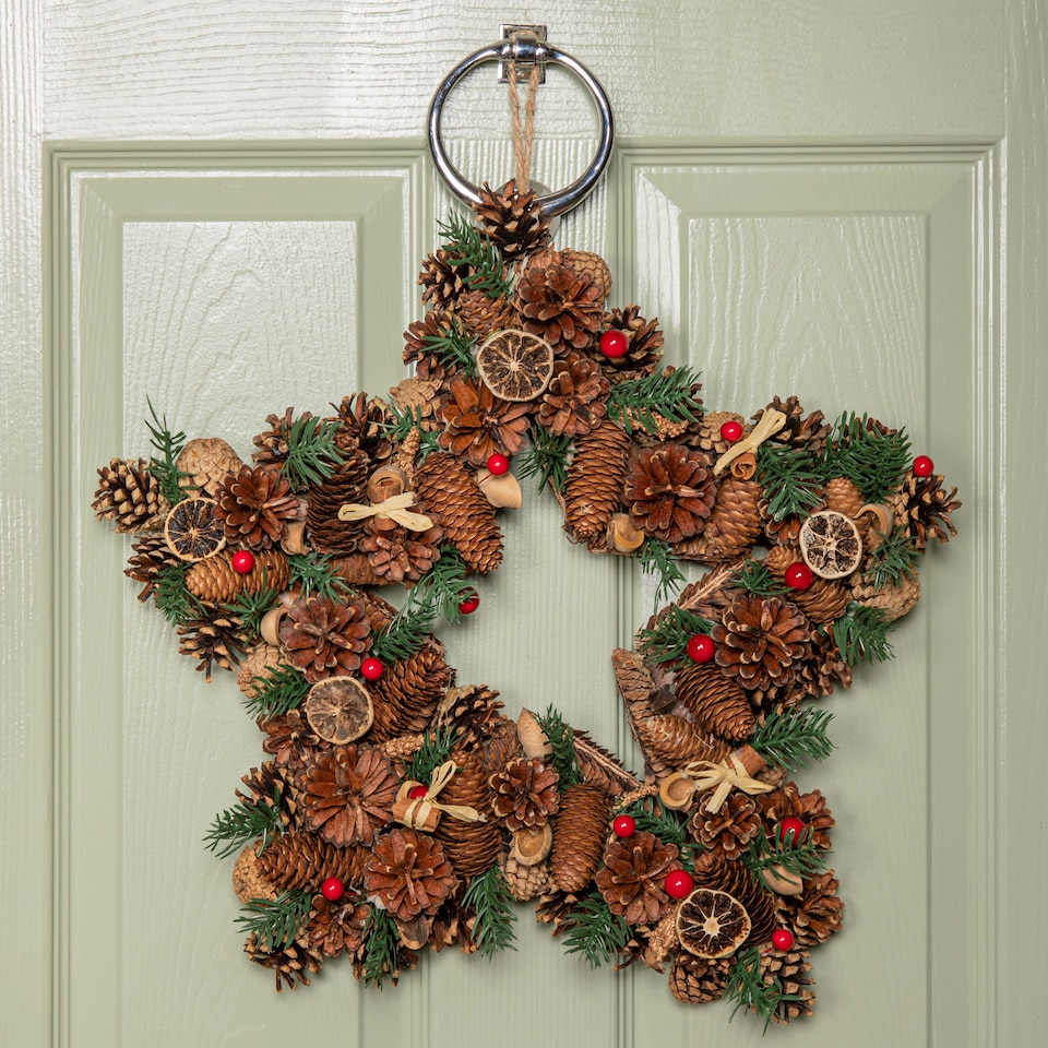 image 1 of 45cm Winter Spice Star Hanging Christmas Wreath with Pine Cones Red Berries & Dried Fruit
