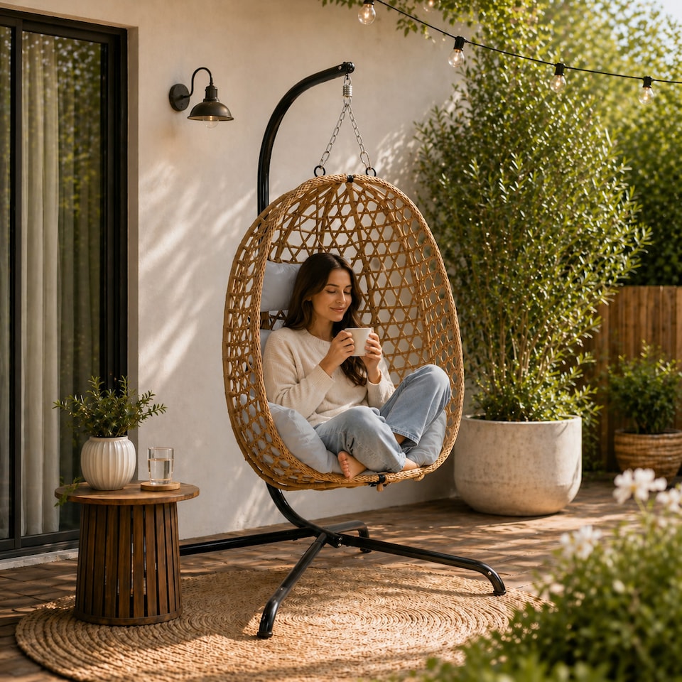 image 1 of URBNLIVING Rattan Hanging Egg Chair With Stand Indoor Outdoor