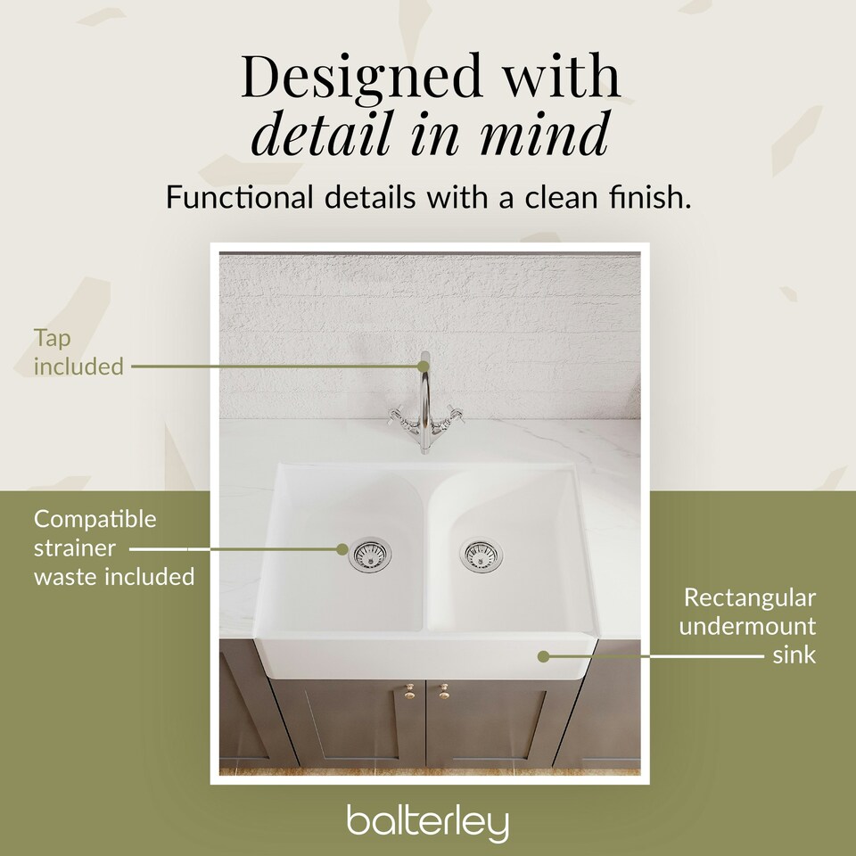 image 1 of Fireclay 795mm Double Bowl Full Weir Butler Kitchen Sink, Mono Mixer Tap & Waste - Ceramic Kitchen Sink & Tap Set