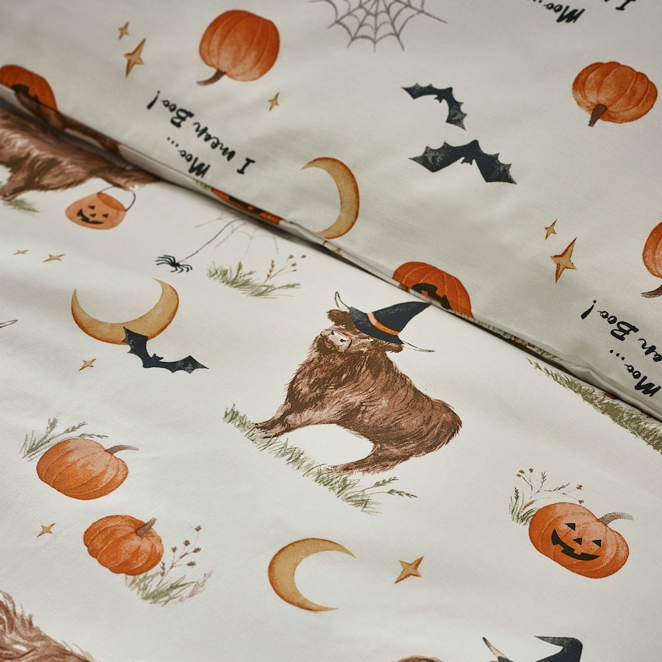 image 1 of Catherine Lansfield Halloween Highland Cow Reversible Duvet Cover Set Natural Cream | Natural | Single