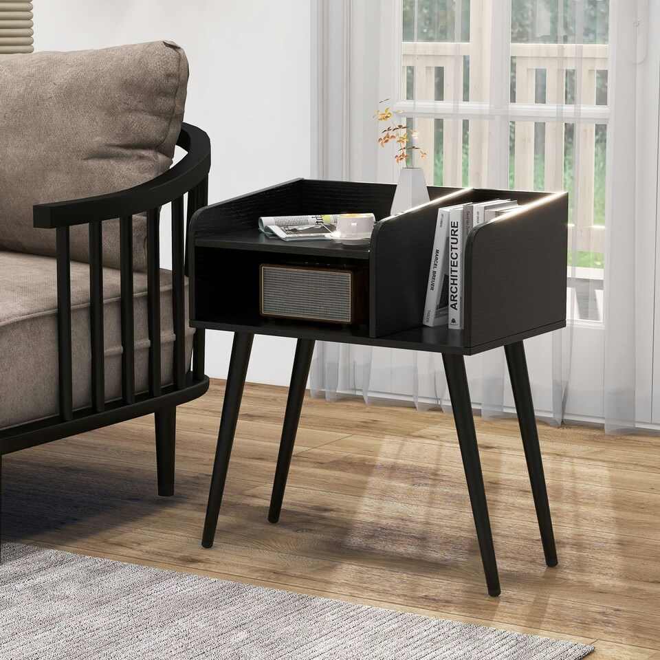 image 1 of COSTWAY Modern Nightstand 2-Tier Bedside Table Black Black