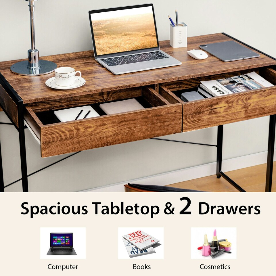 image 1 of COSTWAY Computer Desk Wooden Writing Workstation Coffee Brown