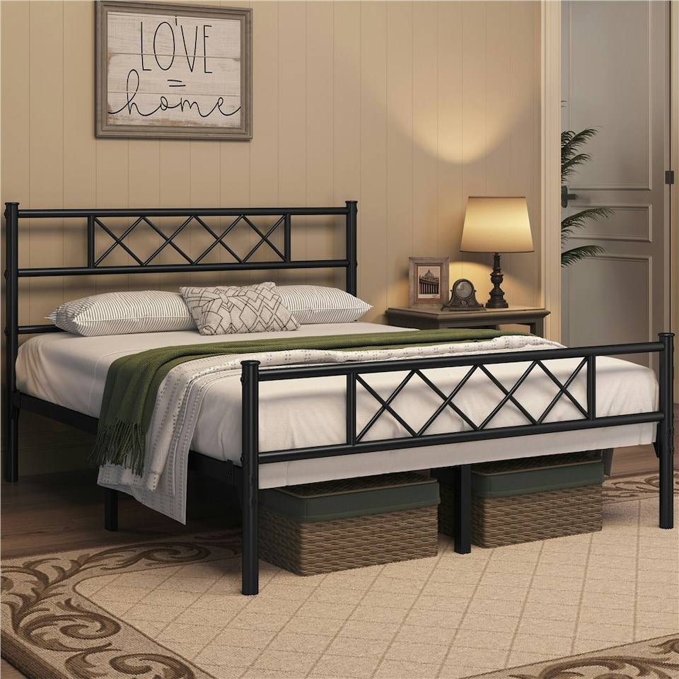 image 1 of Yaheetech 5ft King Slatted Bed Base with Headboard Black
