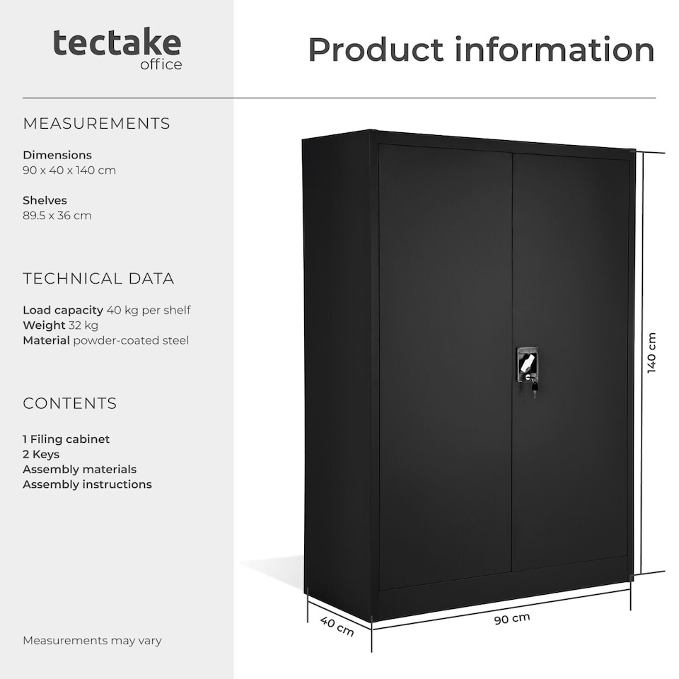 image 1 of Filing Cabinet - 4 adjustable shelves, lockable, 140 x 90 x 40 cm | Black | black | 40 x 90 x 140 cm | 1