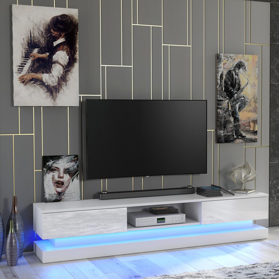 image 1 of TV Unit TV Stand Media Cabinet Sideboard Grey High Gloss Doors LED 180cm